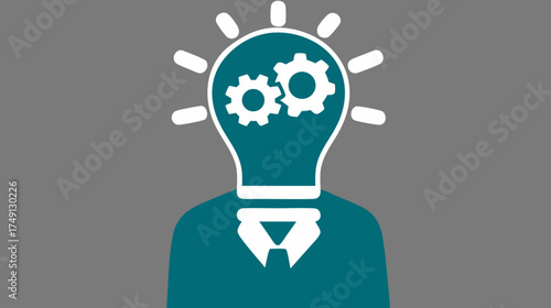 Creative problem-solving concept, human head as a glowing lightbulb with internal gears, symbolizing innovation, intelligence, and new ideas generation.