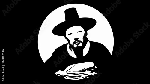 Monochromatic graphic of a man with a beard and traditional hat, holding a loaf of bread. Cultural portrait illustration with high contrast.