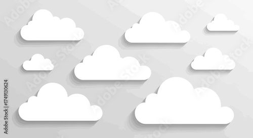 Vector illustration of a set of stylized white clouds on a light gray background, white background