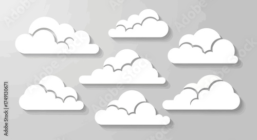 Vector illustration of a set of stylized white clouds on a light gray background, white background