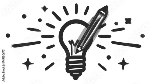 Hand-drawn lightbulb with a pencil inside, representing creative ideas, inspiration, innovation, and imaginative thinking in doodle style.