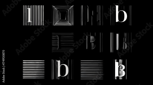 Abstract digital typography background with distorted letters and glitch effects. Modern tech art, generative design pattern on black.