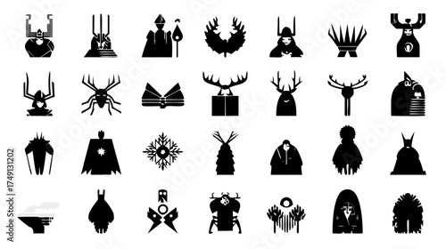 Collection of diverse minimalist black vector icons and abstract silhouettes. Includes fantasy creatures, tribal symbols, and stylized figures.