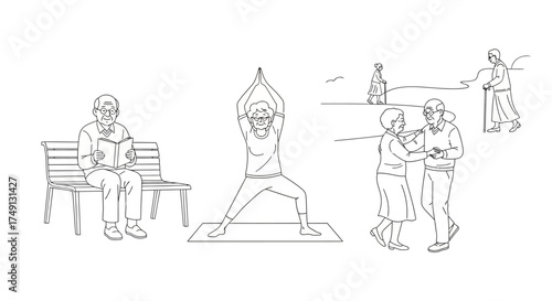 Line art illustration of elderly people in various activities and postures, white background