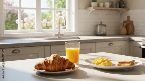 Sunlit Morning Breakfast with Scrambled Eggs and Croissant.
