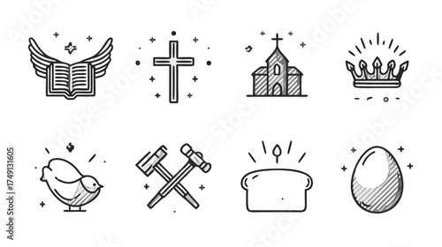 Christianity and Easter Religious Line Art Icons Set: Holy Bible, Cross, Church, Crown, Chick, Communion Bread, Egg Symbols