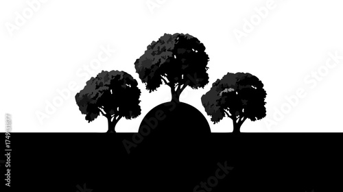 Minimalist black and white silhouette of three abstract trees on a stylized landscape, graphic nature illustration, environmental concept.