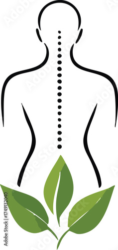Stylized spine and back illustration with green leaves, minimal black vector for chiropractic care, wellness, and natural healing