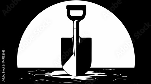 Monochromatic graphic illustration of a shovel stuck in dark earth with a white semicircular background, representing digging, labor, or gardening.