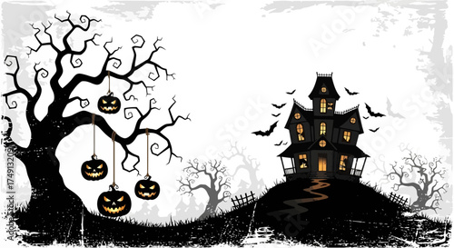 Grunge Halloween background with haunted house, bats and a scary tree with pumpkins hanging, white background