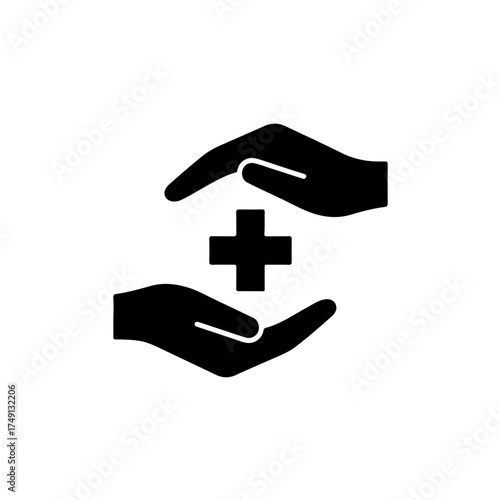 An icon depicting a pair of hands gently cupping or supporting a simple Medical Cross symbol. This design strongly conveys care, support, compassion, and the humanitarian touch in healthcare 