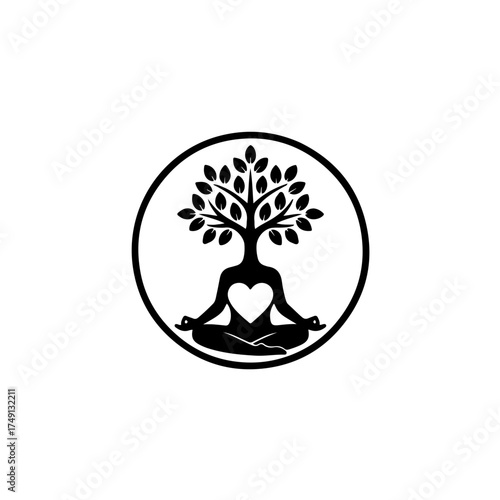 The design features a stylized leaf or tree growing directly out of a heart shape, representing the connection between emotional, mental, and physical well-being. for themes of wellness, nature