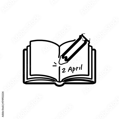 A black and white icon featuring a pencil, symbolizing writing and education, crossing elegantly over an open book. The tip of the pencil is actively "writing" the date "2 April" on the page