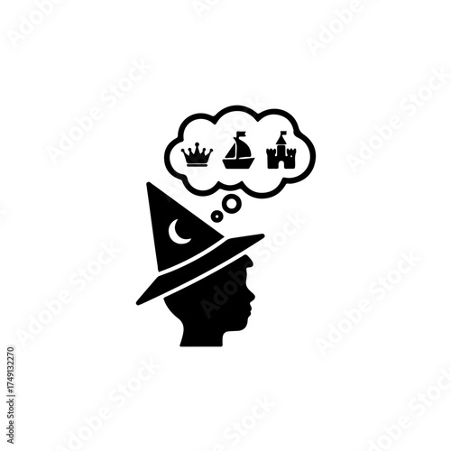 the silhouette of a child's head wearing a simple wizard or fairy tale hat. A thought bubble (or speech bubble) emerges, enclosing a small, iconic storytelling symbol such as a castle, crown
