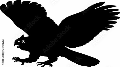 Black owl silhouette vector in flight with outstretched wings, a powerful nocturnal predator bird graphic on a white background.