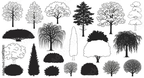 Collection of varied tree outlines and shrubbery set against a white backdrop, white background