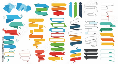 Collection of colorful vector text boxes and banner elements in various styles for graphic design, white background