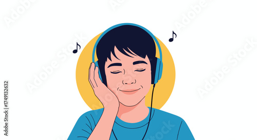A happy young person wearing headphones and enjoying music with closed eyes.