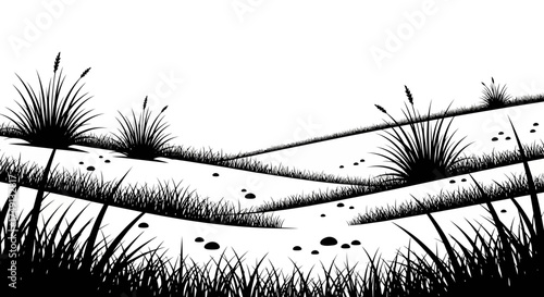 Black and white vector illustration of grassy landscape, white background