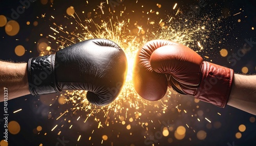 Dynamic Clash of Black and Red Boxing Gloves Amidst Golden Sparks