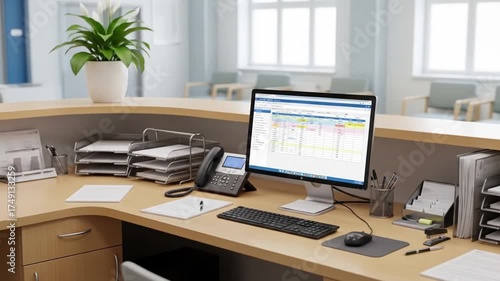 Modern Office Reception Desk with Computer and Phone in a Professional Setting.