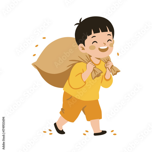 Happy boy carrying a large sack on his shoulder, smiling.