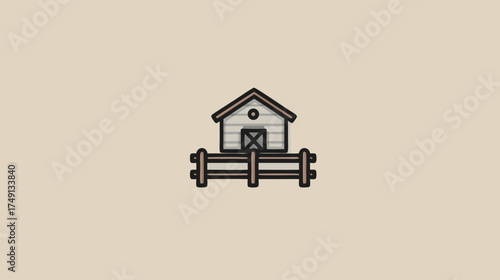 Flat design farm building icon: rustic barn or shed with a wooden fence. Simple agricultural structure illustration on a neutral background.