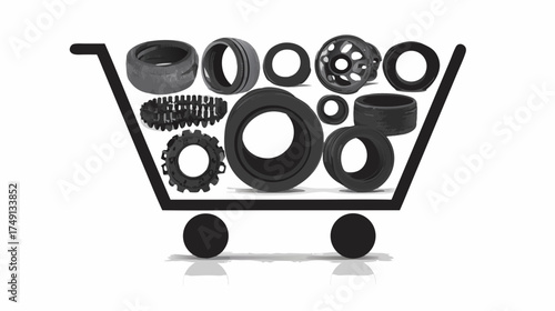 Online store concept: Shopping cart filled with diverse rubber components, O-rings, and gaskets for industrial, automotive, and mechanical parts supply.
