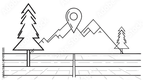 Line art illustration of a road trip journey to a mountain destination, symbolizing travel, adventure, and navigation to scenic outdoor nature.