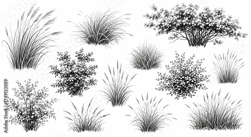 Collection of sketched grass and bushes in varying shades of gray and black on a white background, white background