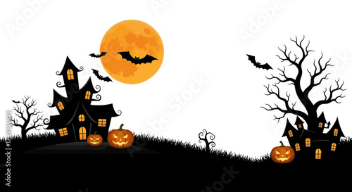 Halloween Night Landscape with Spooky Houses, Pumpkins and Bats Flying in Front of Orange Full Moon, white background