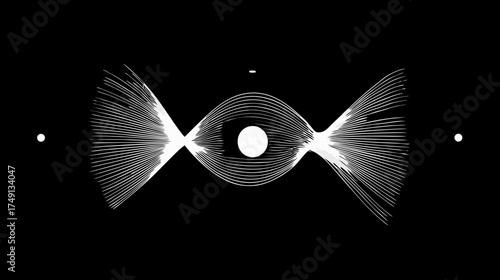 Dynamic abstract white light trails forming an interconnected symmetrical shape on a dark background, representing energy flow or data visualization.