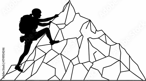 Determined mountaineer silhouette climbing rugged mountain peak, symbolizing challenge, success, ambition, and personal achievement.