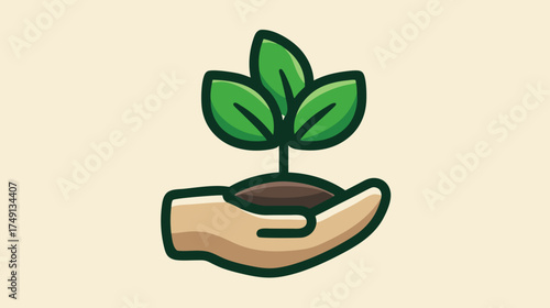 Stylized hand holding a young green plant seedling in soil, symbolizing growth, nature care, sustainability, and environmental protection.