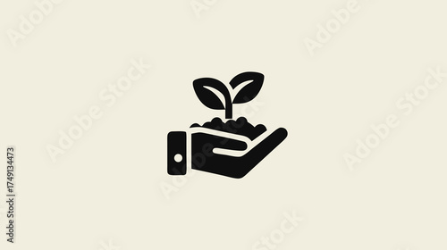 Hand holding small plant sprout icon. Represents growth, nature, sustainability, environmental care, gardening, agriculture, and new beginnings.