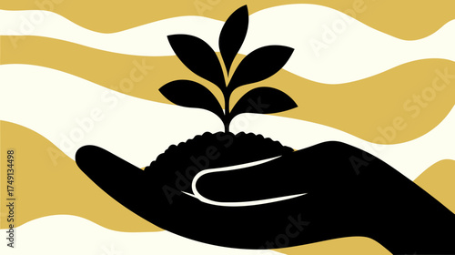 Human hand silhouette holding a green plant seedling in rich soil, symbolizing growth, environment, care, sustainability, and nature.