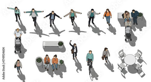 Architectural vector illustration showing people in various poses from a top view, white background