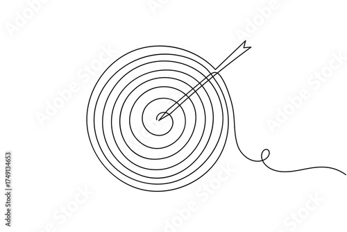 Success goal with continuous one line drawn arrows on white background minimalist round and bullseye outline vector illustration