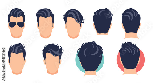 A collection of various stylish men's hairstyles shown from different angles.