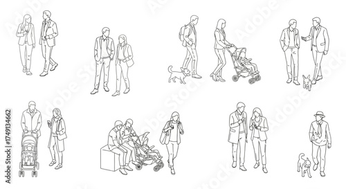 Architectural vector illustration showing people in various poses from a top view, white background