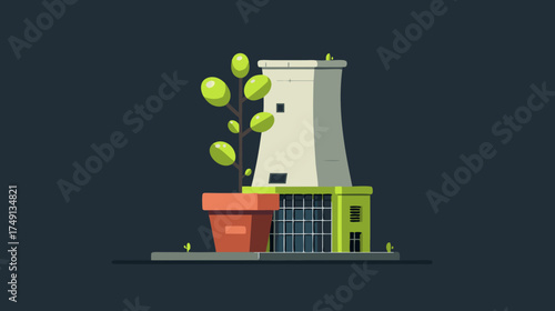 Sustainable energy concept. Modern power plant building with a growing green plant, symbolizing environmental technology and clean industry.