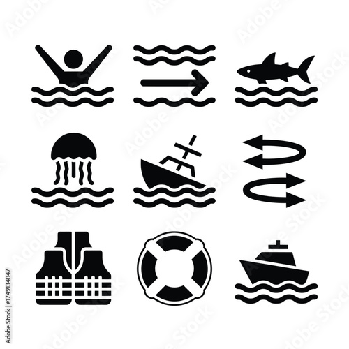 Collection of 9 scalable vector graphic icons depicting water safety and marine elements for various applications silhouette