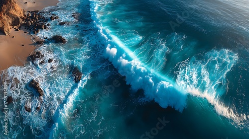 Aerial view reveals turquoise waves crashing onto a sandy coastline dotted with dark rocks