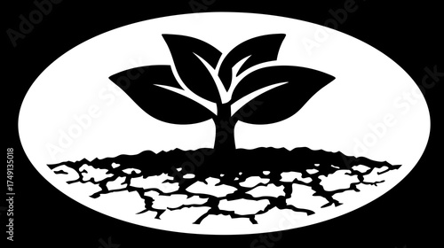 Black and white silhouette of a small plant growing in dry, cracked earth, symbolizing nature, drought, ecology, growth, and new life.