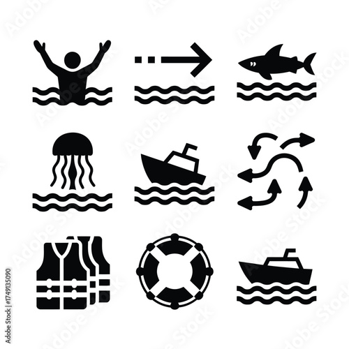 Set of 9 black and white water safety and navigation icons vector illustration scalable eps silhouette