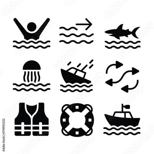 Set of 9 black and white vector icons for water safety and marine activities silhouette
