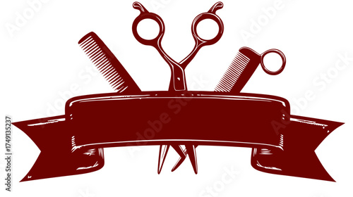 Vintage Barber Shop Emblem with Hairdressing Scissors & Combs. Classic Professional Salon Tools Logo Design with Blank Banner.