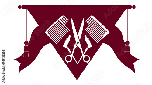 Elegant Hairdressing Salon Banner Emblem with Stylized Scissors and Combs. Classic Barber Shop Grooming Tools Icon.