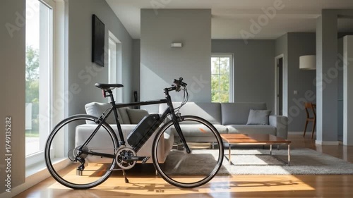 Electric Bicycle Parked in a Bright Modern Living Room.