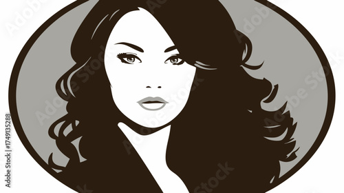 Elegant monochrome vector illustration of a beautiful woman with long wavy hair, stylized portrait in an oval frame, for beauty and fashion.